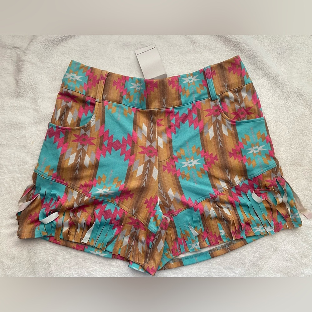 Crazy train Aztec print with fringe shorts, large